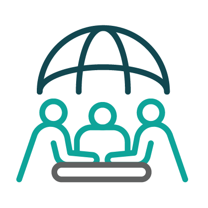 Pictogramme avec 3 personnes assises à une table en train d’échanger