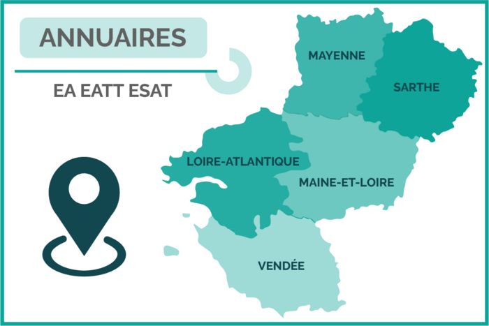 Dessin de la carte de la région des Pays-de-la-Loire décrivant les 5 départements. Est représenté le pictogramme de l’adresse et est inscrit ANNUAIRES EA EATT ESAT